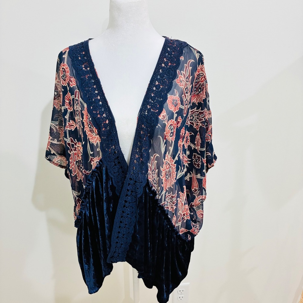 Jolt Kimono Wrap Floral Chiffon Crushed Velvet Navy Blue Boho‎ Festival Small